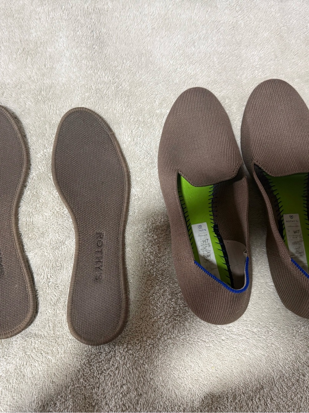 Rothy's Brown Knit Women's Slip-On Loafers with Blue Trim